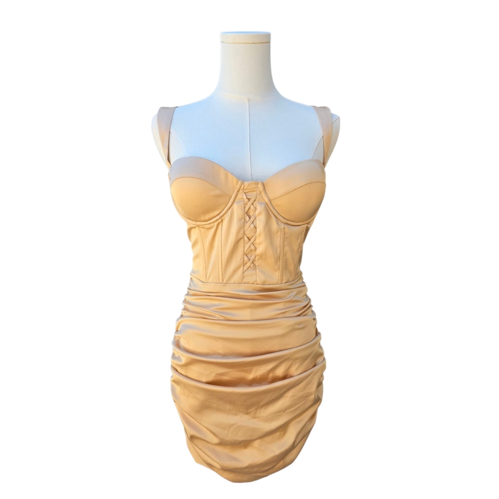NWT Oh Polly Corset Ruched Beige Satin Dress - Picture 2 of 4